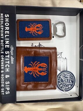 Shoreline Navy & Orange Needlepoint Bottle Opener and Koozie Gift Set